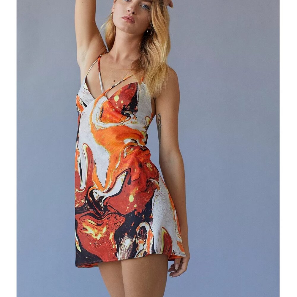 Urban Outfitters Pretty Please Marble Print Cut Out Slip Dress SZ X-Small Orange